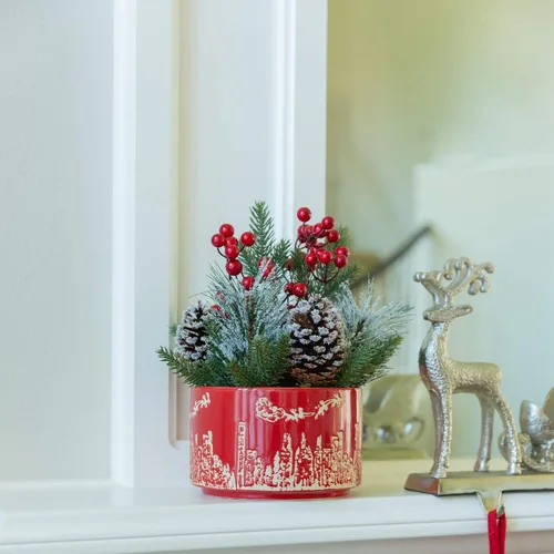 Vista 2 de Flora Bunda Arreglo artificial de Navidad en maceta de cerámica roja de 7 pulgadas para decoración de Navidad