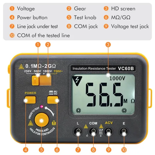 Vista 2 de Probador de resistencia de aislamiento digital VC60B, medidor eléctrico de megaohm con prueba de voltaje de prueba de 250V/500V/1000V Resistencia