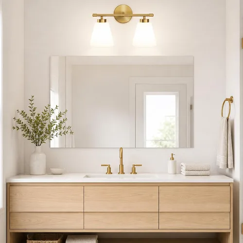 Vista 8 de Hamilyeah Lámpara de tocador de baño dorada con pantalla de vidrio esmerilado, 2 lámparas de tocador sobre espejo, 2 lámparas de pared para baño