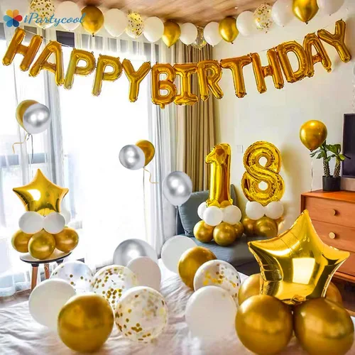 Vista 6 de iPartycool 36 decoraciones de cumpleaños, pancarta de cumpleaños, globos de papel de aluminio 3D, globos metálicos de confeti de estrella grande Oro