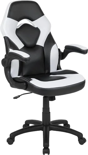 Vista 9 de Flash Furniture Juego de escritorio para juegos negro y silla de carreras blanco/negro con soporte para tazas, gancho para auriculares y soporte