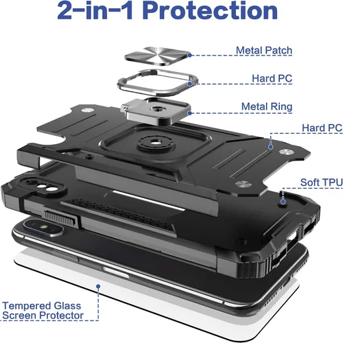 Vista 6 de Funda protectora ligera para iPhone Xs con protector de pantalla, absorción de golpes, resistente a prueba de caídas con soporte para automóvil
