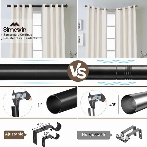Vista 4 de SIMEWIN Barras de cortina negras para ventanas de 28 a 48 pulgadas, ajustables, decorativas, de 1 pulgada de diámetro, juego de cortineros Negro