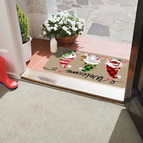 Vista 5 de TREWAVE Felpudo Decorativo de Bienvenida Navideño, Tapete de Puerta de Gnomo Navideño a Cuadros Buffalo, Alfombra de Entrada Antideslizante, 29 x 17