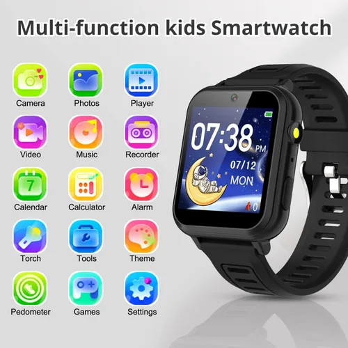 Vista 2 de Tixpc Reloj inteligente para niños y niñas con video, cámara, reproductor de música, 39 juegos, podómetro, reloj despertador, calculadora, antorcha