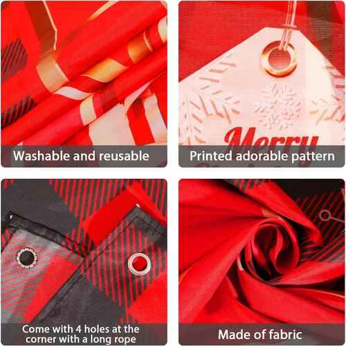Vista 3 de Cartel de Navidad para puerta, decoración de Feliz Navidad, búfalo a cuadros rojos y negros, telón de fondo de caja de regalo de Navidad, lazo