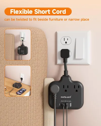 Vista 5 de Divisor de enchufes múltiples, tira de alimentación de cable ultracorto de 0.2 pies de 1625 W, 3 tomacorrientes, 4 USB (2 USB-C), extensor
