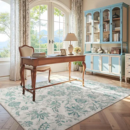 Vista 421 de jinchan Lima - Alfombra simétrica floral geométrica lavable, alfombra de entrada de medio círculo de 2 x 3, alfombra de media luna, suave y Azul