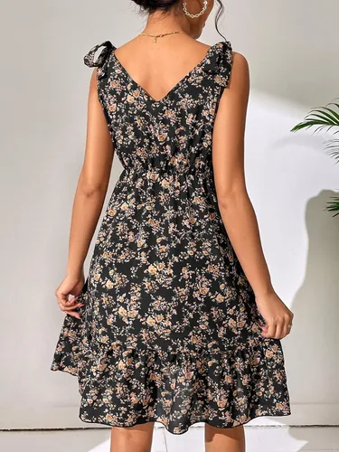 Vista 2 de SweatyRocks Vestidos de mujer con cuello en V y estampado floral, con lazo en los hombros, estilo bohemio, con volantes, acampanados