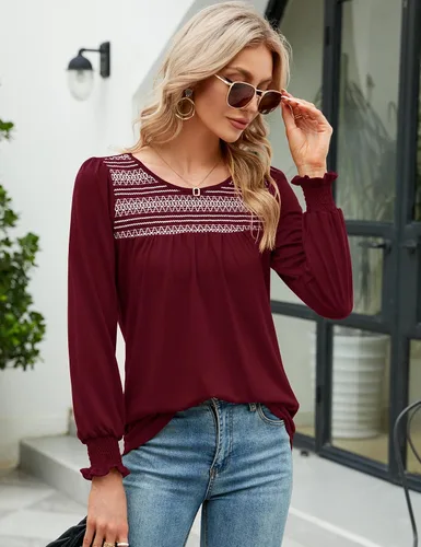 Vista 3 de LOMON Blusas de verano para mujer, de manga corta, estilo bohemio, bordado, informal, de algodón