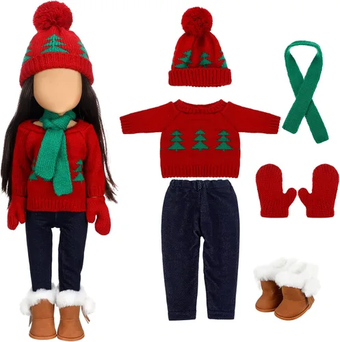 Vista 10 de Bencailor 6 piezas de ropa y accesorios de Navidad para muñeca de 18 pulgadas, conjunto de ropa de invierno con suéteres, pantalones, sombreros Negro
