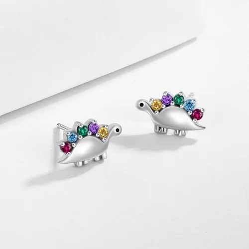 Vista 2 de Aretes de dinosaurio arcoíris para mujer, plata de ley 925, circonita cúbica, aretes de dinosaurio, hipoalergénicos, pequeños, joyería