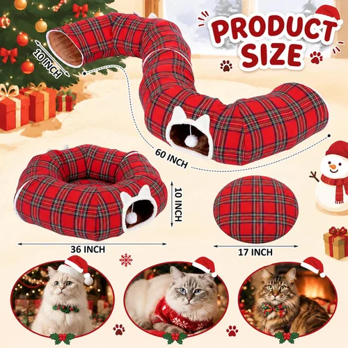 Vista 3 de Falda de árbol de Navidad con diseño de túnel de gato, cama a cuadros con Rojo