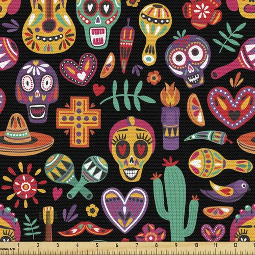 Vista 43 de Ambesonne The Yard, tela de calavera colorida con temática de Halloween, diseño de calavera y huesos cruzados, divertido estampado de dibujos