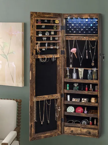 Vista 8 de YOKUKINA Armario de espejo de joyería, organizador de almacenamiento grande con luz LED, armario con cerradura para colgar en la puerta o montar