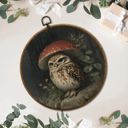 Vista 3 de JUIOEIU Decoración de pared redonda de búho de hongo con núcleo de cabaña, impresiones en lienzo enmarcadas con diseño de búho lluvioso oscuro