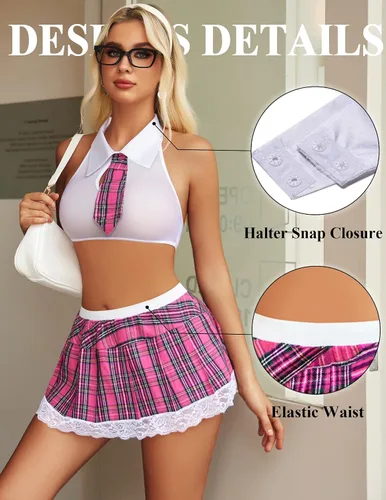 Vista 4 de Avidlove - Conjunto de lencería sexy para mujer, disfraz de colegiala con top, corbata y minifalda