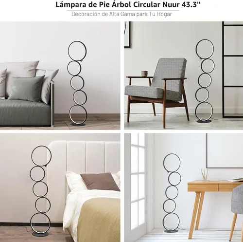 Vista 4 de NUÜR Moderna lámpara de pie LED de 5 anillos, lámpara de pie circular artística de 43.3 pulgadas, luz de acento escultural regulable sin escalones