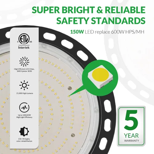 Vista 3 de Luz LED de Bahía Alta de 150W, 22500 LM con Cable de 5 pies con Enchufe de EE.UU., 5000K Luz de Día, IP65 Impermeable, Luces LED UFO de Taller
