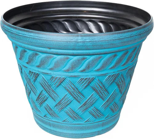 Vista 2 de Paquete de 2 macetas de plástico decorativas rústicas con aspecto francés para interiores y exteriores, guardería, jardín, patio, oficina Azul