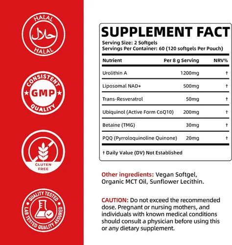 Vista 2 de Urolithin A Supplement, 2000mg 6 in 1 Vital Longevity Blend - 120 Softgels