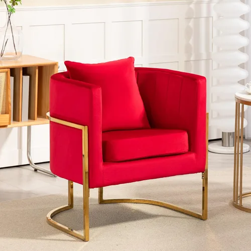 Vista 23 de Silla moderna de cuero, sillón tapizado de mediados de siglo con almohada para sala de estar, cómoda silla de tocador individual con patas doradas