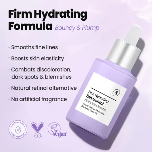 Vista 4 de Glam Up Suero Bakuchiol y ácido hialurónico – Suero alternativo al retinol antienvejecimiento, líneas finas difuminadas, antiarrugas, encogimiento