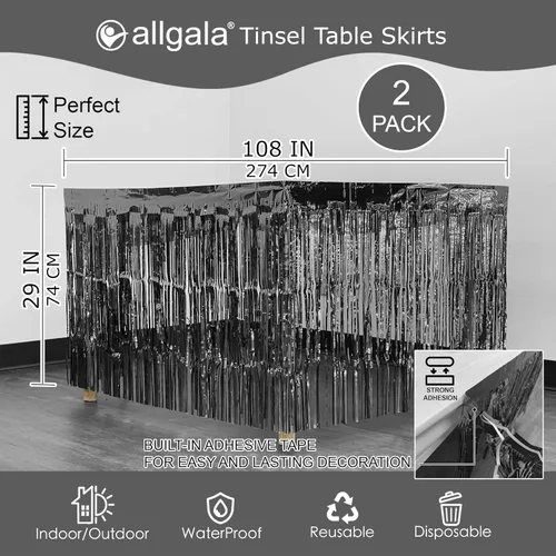 Vista 3 de allgala Faldones de mesa de oropel negro, paquete de 2 faldas de mesa de 29 x 108 pulgadas con flecos metálicos para fiestas, eventos, desfiles