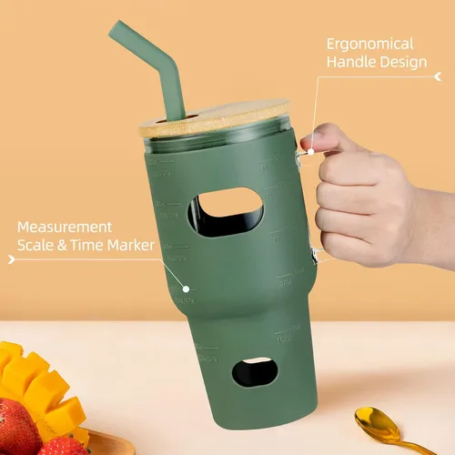 Vista 5 de Vaso de vidrio de 32 onzas – Vaso con tapa de bambú y popote – Vaso de café reutilizable con funda de silicona, vaso para batidos Boba – sin BPA