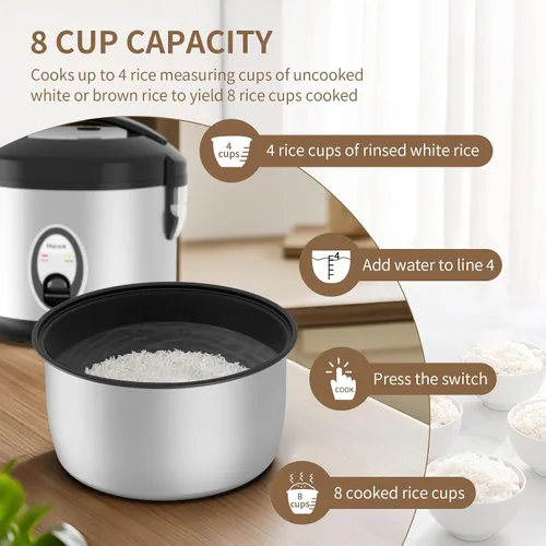 Vista 8 de Macook Arrocera de acero inoxidable con vaporizador, 4 tazas sin cocer (1.0L)/8 tazas cocidas, cocina eléctrica para granos y verduras, mantiene