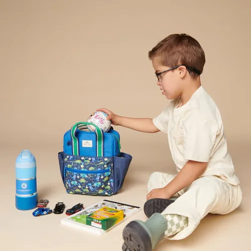 Vista 3 de Itzy Ritzy Mochila para niños pequeños, dinosaurio azul, pequeña