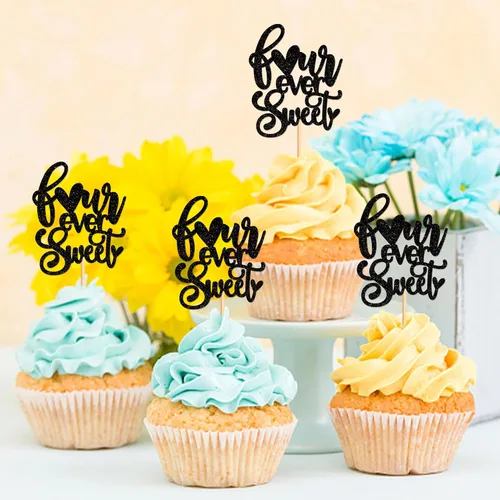 Vista 6 de Ercadio Paquete de 24 adornos para cupcakes y selecciones para baby shower y fiestas infantiles, decoraciones negras con purpurina