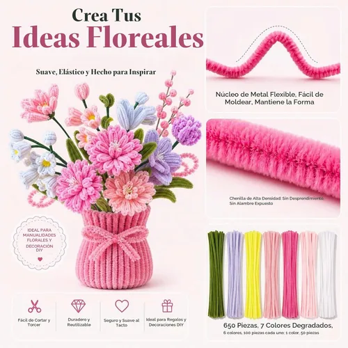 Vista 3 de Kit de flores de limpiador de tuberías rosas de 976 piezas, tallos Color rosa