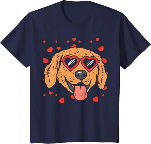 Vista 57 de Golden Retriever cara corazón gafas día de San Valentín perro regalo camiseta Negro