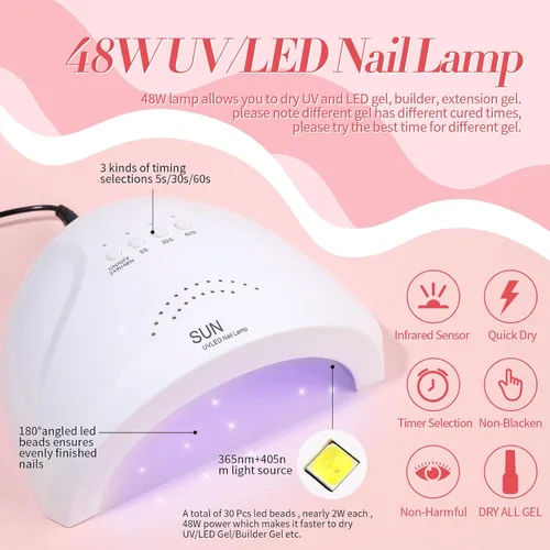 Vista 5 de Born Pretty Kit de 28 esmaltes de uñas de gel de gelatina con lámpara de uñas UV de 48 W, 12 colores, rosa gelatina, nude, neutro, juego de esmalte