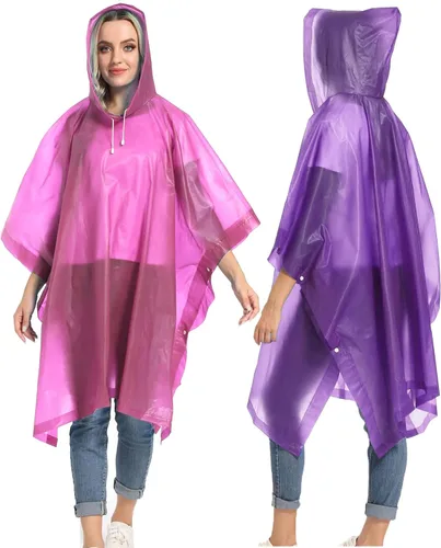Vista 17 de Ponchos de lluvia reutilizables con capucha con cordón para adultos, abrigo de lluvia grueso impermeable, 2 paquetes