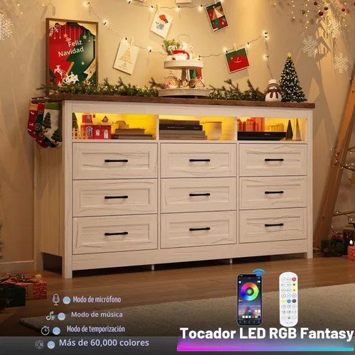 Vista 4 de Hlivelood Cómoda de granja de 9 cajones con luces LED, cómoda grande de 160 cm de ancho para dormitorio, cómoda de madera moderna con organizador