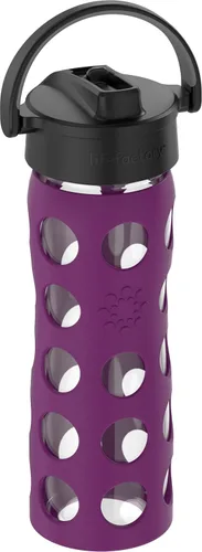 Vista 2 de Lifefactory - Botella de agua de vidrio de 16 onzas con tapa de pajita, color ciruela Funda protectora de silicona, tapa de pajita, asa