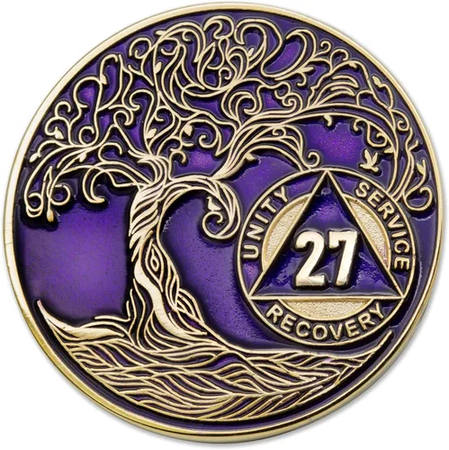 Vista 221 de 1 año Sobriety Mint Twisted Tree of Life Medallón de recuperación AA chapado en oro, chip/ficha - negro