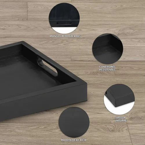 Vista 5 de Bandeja rectangular de madera de acacia negra con asas, juego de 2 (15 x 11 pulgadas y 13 x 10 pulgadas), bandeja grande para otomana, desayuno