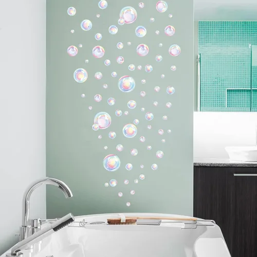Vista 4 de Calcomanía de pared de burbujas coloridas, decoración de fondo del mundo subacuático, burbujas del océano para habitación de los niños, baño
