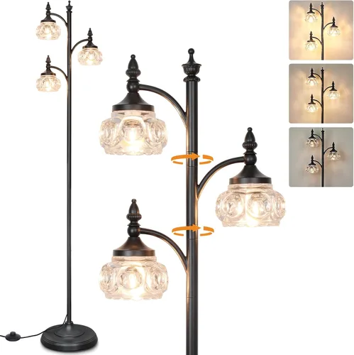 Vista 17 de JUNNAI Lámparas de pie negras para sala de estar, lámparas de pie de 66.5 pulgadas con pantalla de cristal, luces de brillo de 3 vías, lámpara