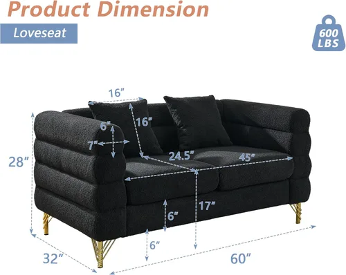 Vista 2 de mikibama Sofá de Dos Plazas Moderno Teddy, Sofá Seccional de 60 Pulgadas, Sofá Profundo de Lujo de 2 Plazas con 2 Almohadas y Patas de Metal Dorado