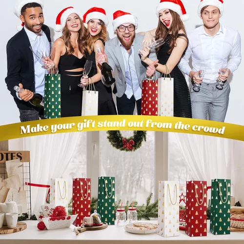 Vista 6 de Woanger 60 bolsas de regalo de vino de Navidad, bolsas de papel kraft a granel para botellas de vino con asa, bolsas de regalo de color rojo, verde