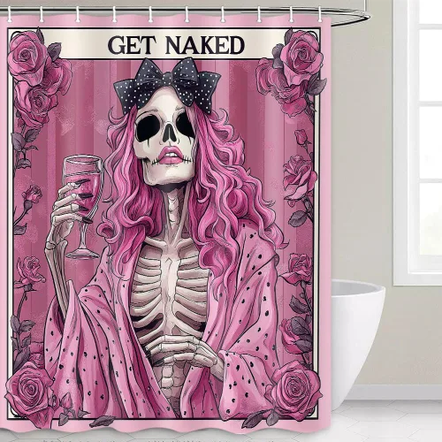 Vista 11 de Divertida cortina de ducha de esqueleto de calavera rosa, para Halloween, gótica, rosa, rojo, rosa, floral, vino tinto, terror, terror, cortina