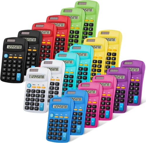 Vista 8 de Calculadora de función estudiantil de tamaño de bolsillo a granel, mini calculadora de batería solar básica colorida para Navidad, regalos
