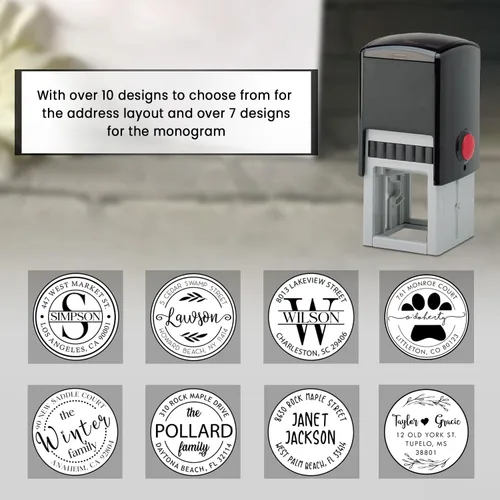 Vista 6 de Sello de dirección con monograma autoentintado personalizado con más de 10 diseños. 7+ diseños