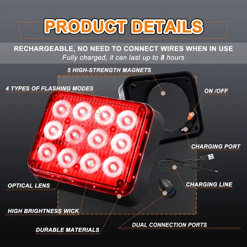 Vista 3 de 2 piezas de luces magnéticas para remolque, baliza roja, luces estroboscópicas magnéticas inalámbricas, luces de advertencia de emergencia