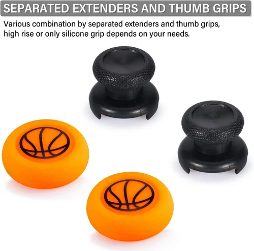 Vista 4 de Playrealm FPS Thumbstick Extender & Printing Rubber Silicone Grip Cover 2 Sets for Xbox Series XS & Xbox One Controller(Basketball)