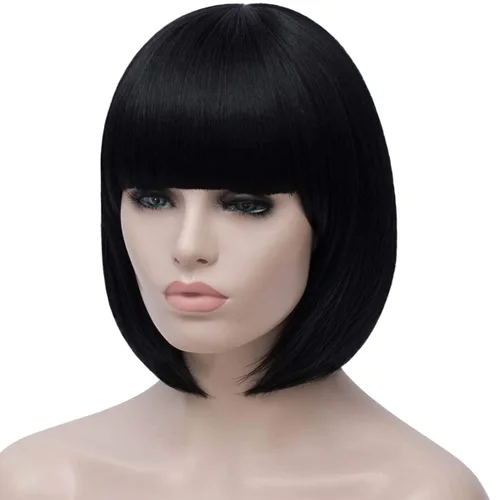 Vista 4 de Peluca de pelo corto Bob con flequillo recto sintético peluca natural como pelo real 12 pulgadas Natural Fashion Synthetic Wig, Cute Colored Wigs